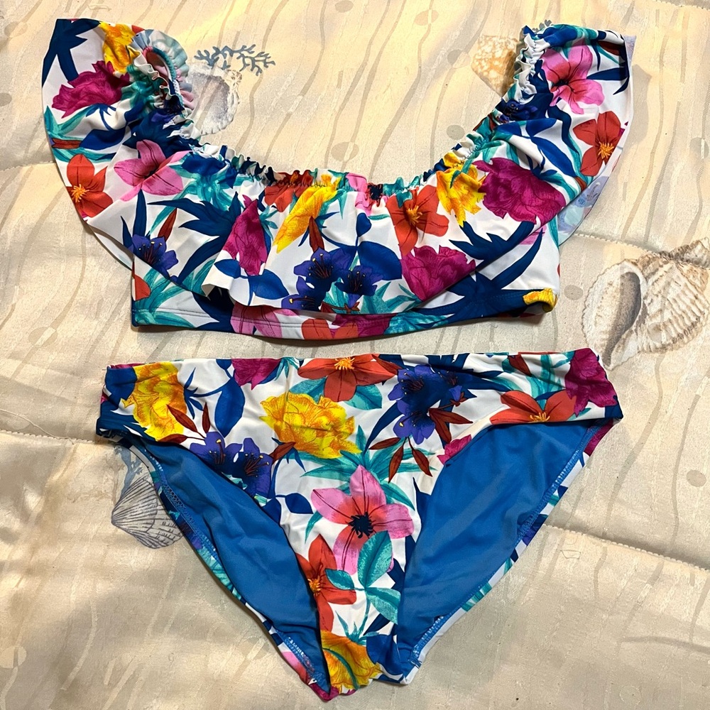 Bleu Rod Beattie Tropical Bikini with Ruffle Bardot Top, Size 10